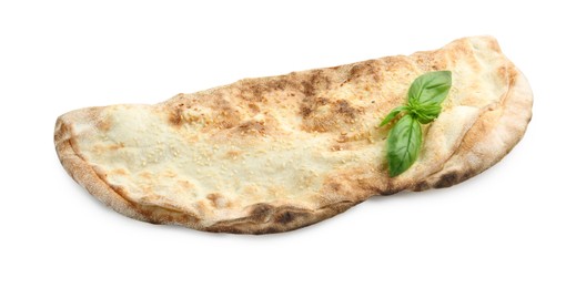 Photo of One delicious calzone with fresh basil isolated on white