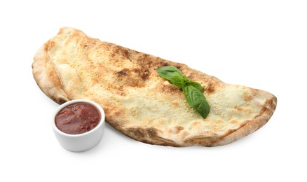 Photo of Delicious calzone with fresh basil and ketchup isolated on white