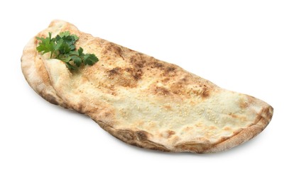 Photo of One delicious calzone with fresh parsley isolated on white