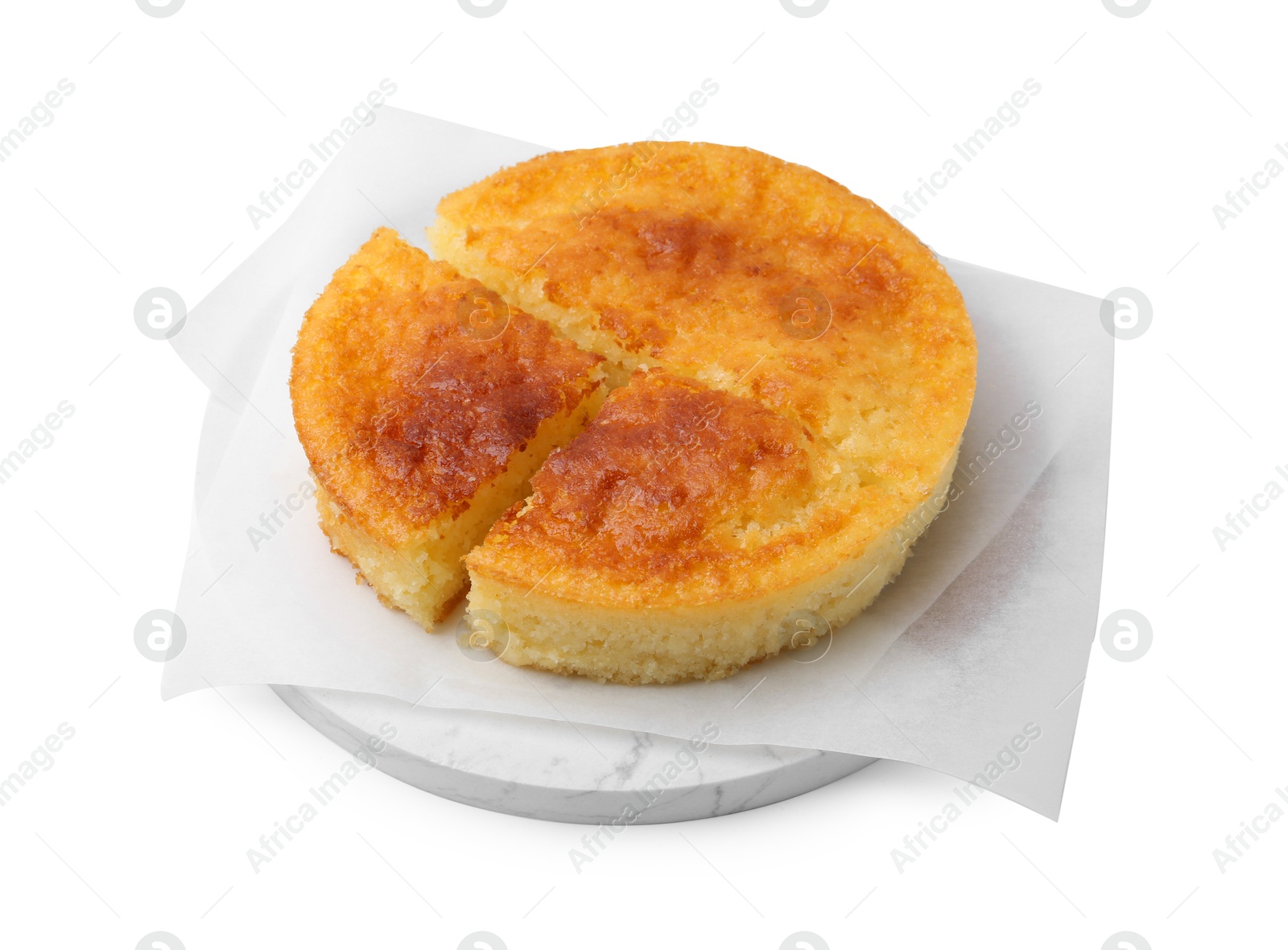 Photo of Tasty homemade semolina cake isolated on white