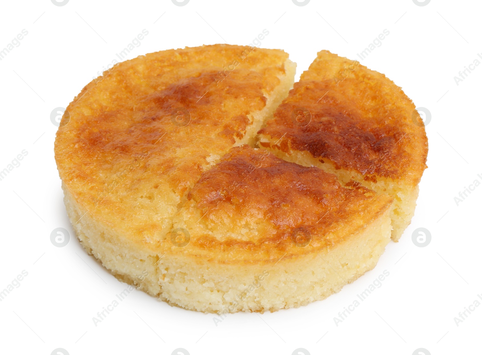 Photo of Tasty homemade semolina cake isolated on white