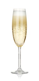 Photo of Champagne in glass isolated on white. Sparkling wine