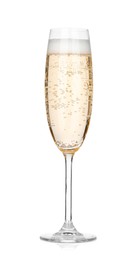 Photo of Champagne in glass isolated on white. Sparkling wine