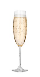 Photo of Champagne in glass isolated on white. Sparkling wine