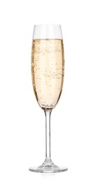 Photo of Champagne in glass isolated on white. Sparkling wine