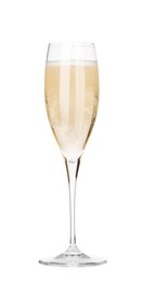 Photo of Pouring champagne into glass isolated on white