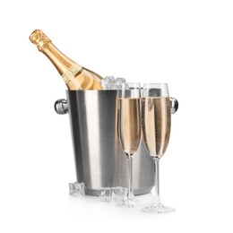 Photo of Champagne and bucket with ice isolated on white