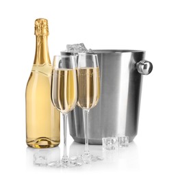 Photo of Champagne and bucket with ice isolated on white