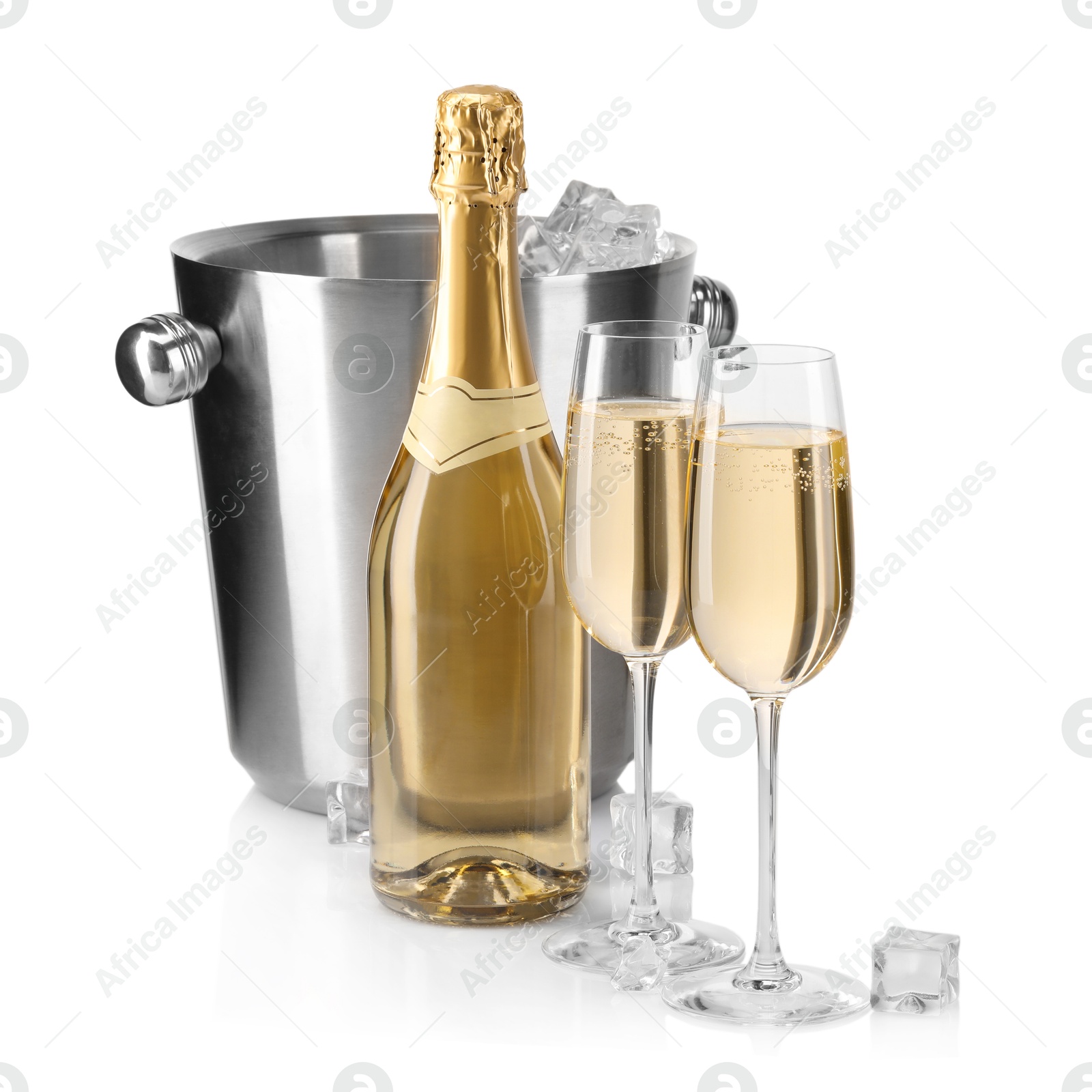 Photo of Champagne and bucket with ice isolated on white