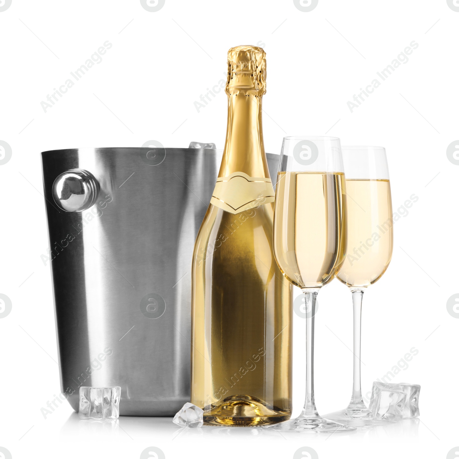 Photo of Champagne and bucket with ice isolated on white