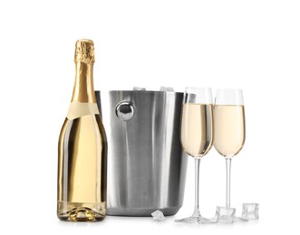 Photo of Champagne and bucket with ice isolated on white