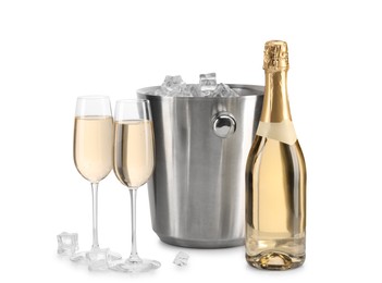 Photo of Champagne and bucket with ice isolated on white