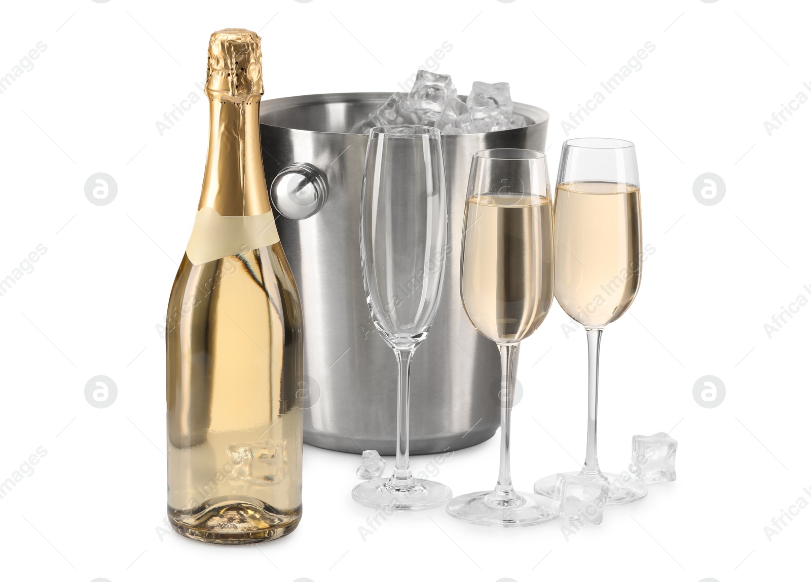 Photo of Champagne and bucket with ice isolated on white