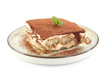 Photo of Piece of tasty tiramisu with fresh mint isolated on white