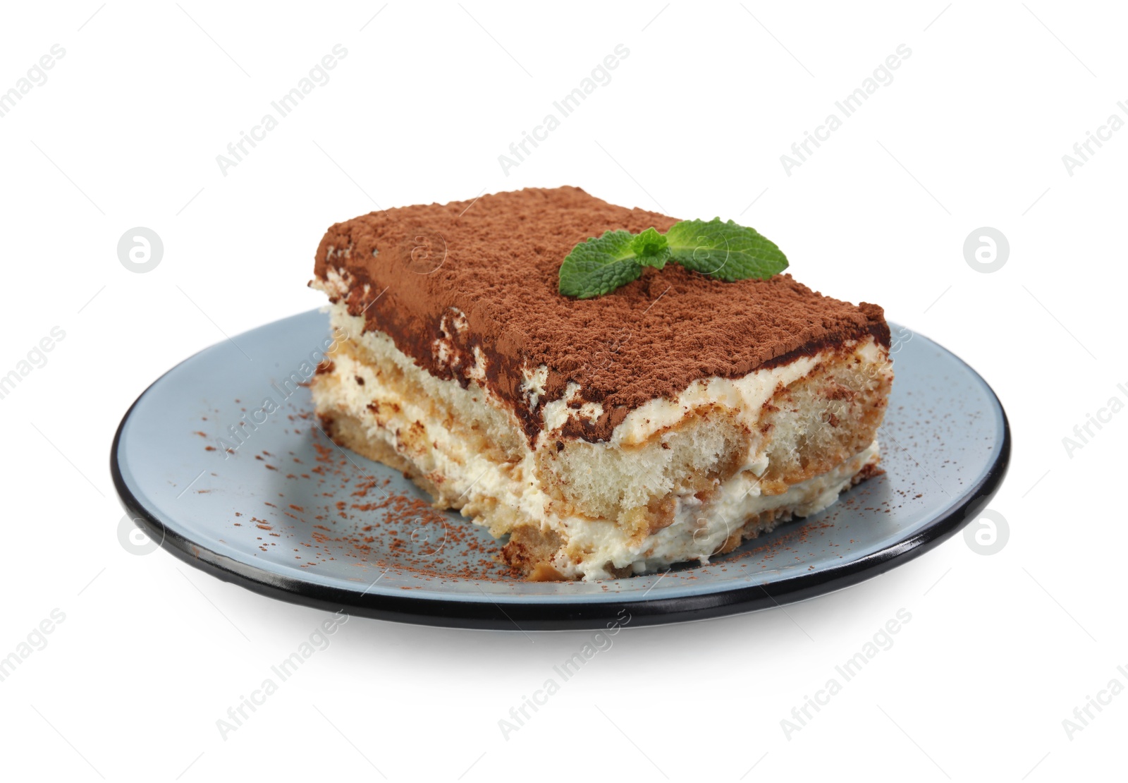 Photo of Piece of tasty tiramisu with fresh mint isolated on white