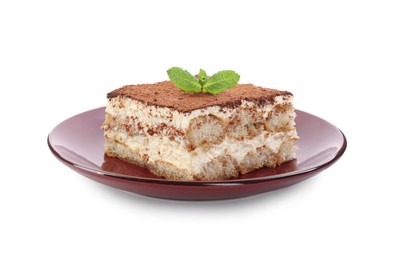 Photo of Delicious tiramisu with mint isolated on white