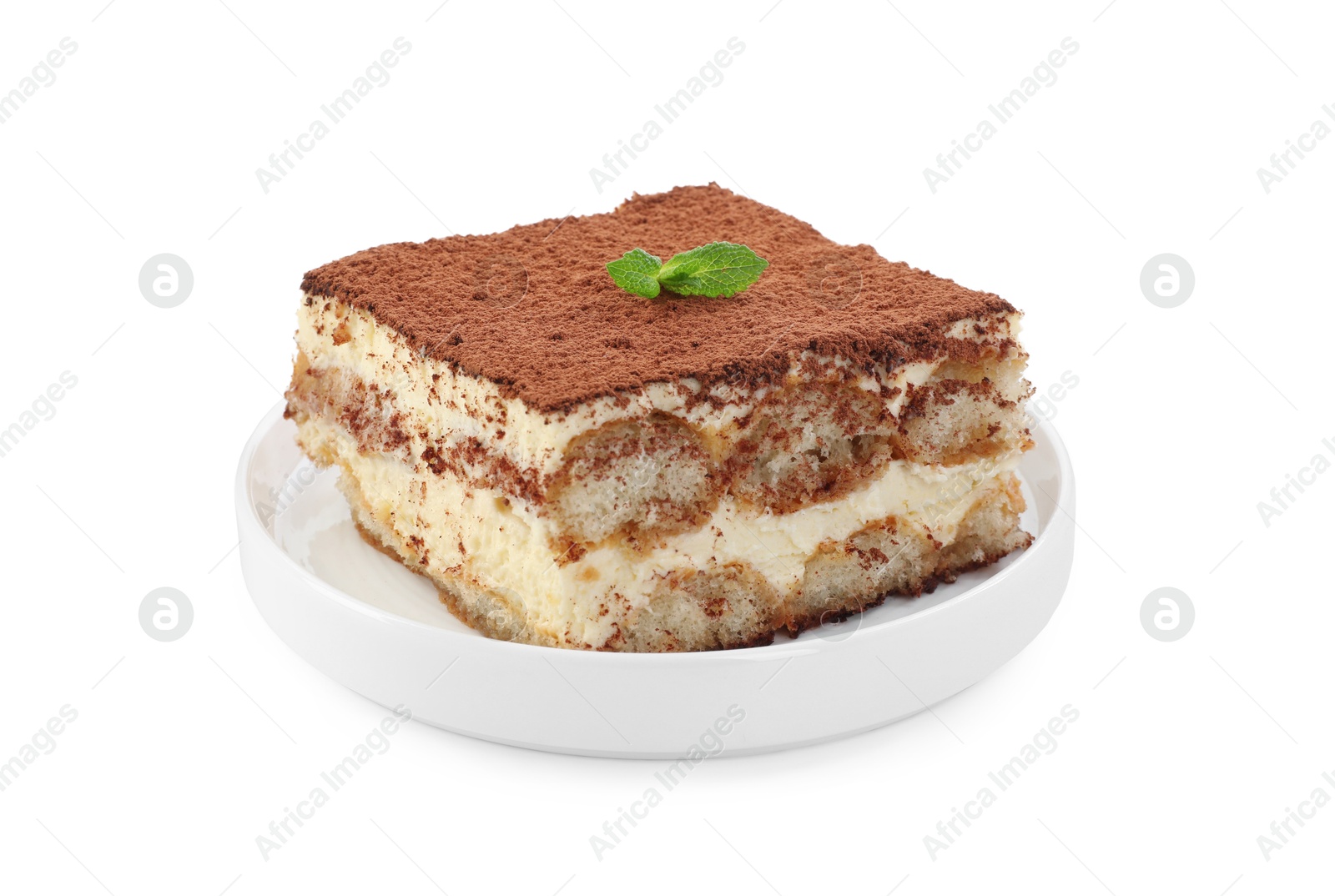 Photo of Delicious tiramisu with mint isolated on white