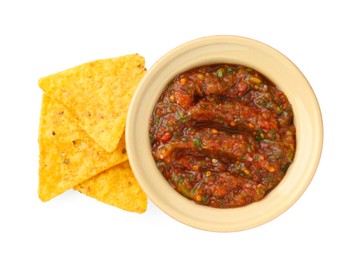 Photo of Tasty salsa sauce in bowl and tortilla chips isolated on white, top view