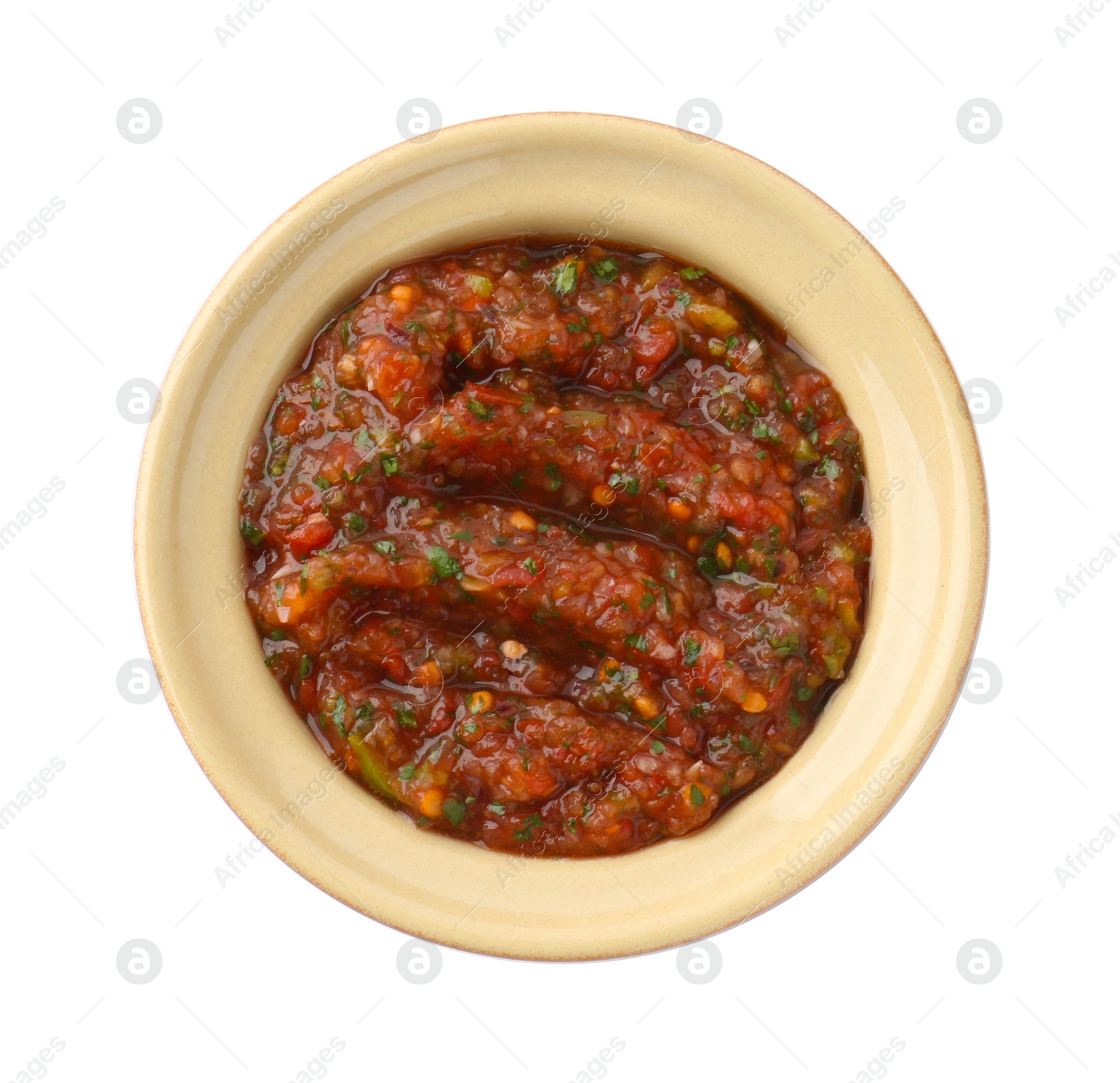 Photo of Tasty salsa sauce in bowl isolated on white, top view