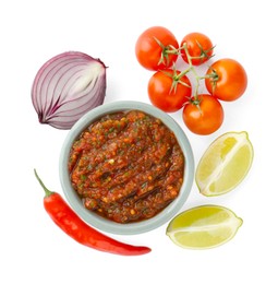 Photo of Tasty salsa sauce and ingredients isolated on white, top view