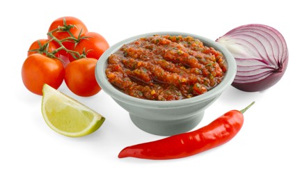 Photo of Tasty salsa sauce and ingredients isolated on white