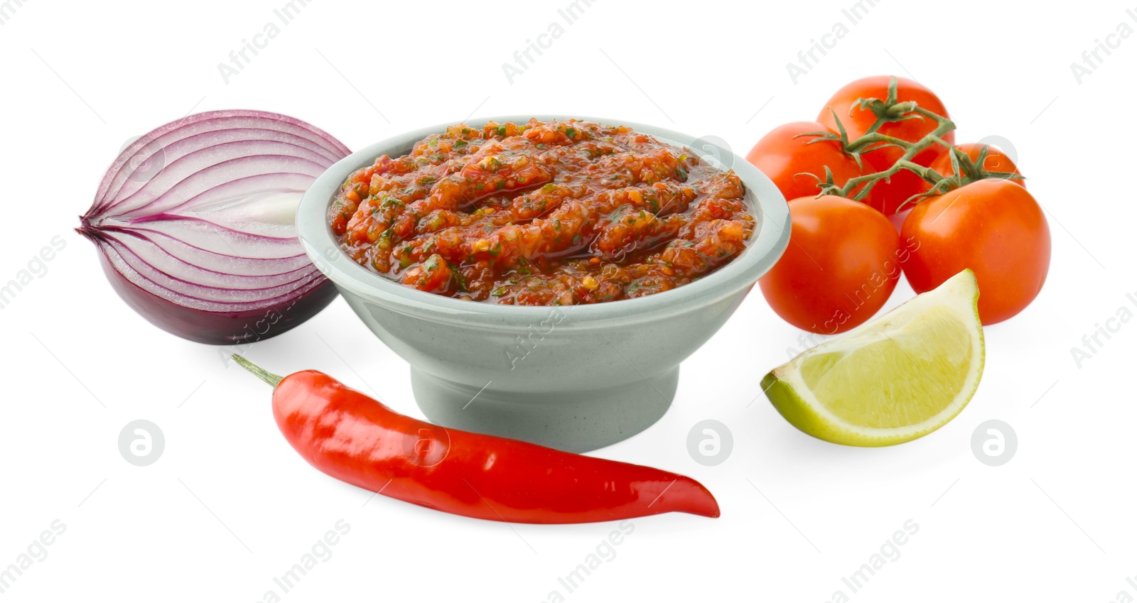 Photo of Tasty salsa sauce and ingredients isolated on white