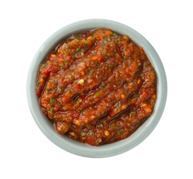 Photo of Tasty salsa sauce in bowl isolated on white, top view