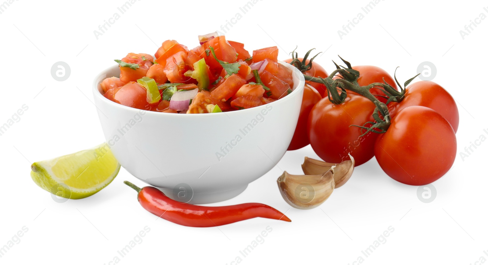 Photo of Tasty salsa sauce and ingredients isolated on white