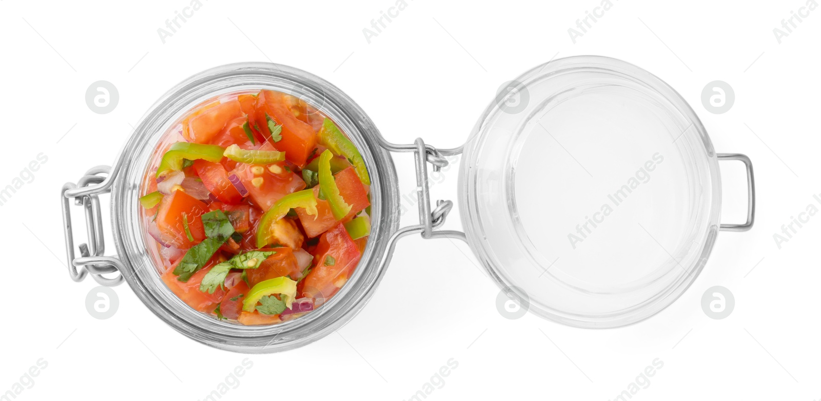 Photo of Tasty salsa sauce in glass jar isolated on white, top view