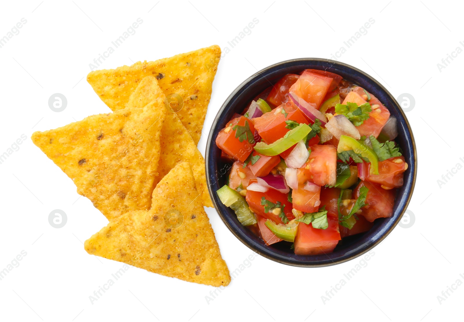 Photo of Tasty salsa sauce in bowl and tortilla chips isolated on white, top view