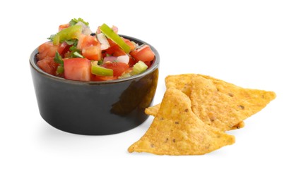 Photo of Tasty salsa sauce in bowl and tortilla chips isolated on white