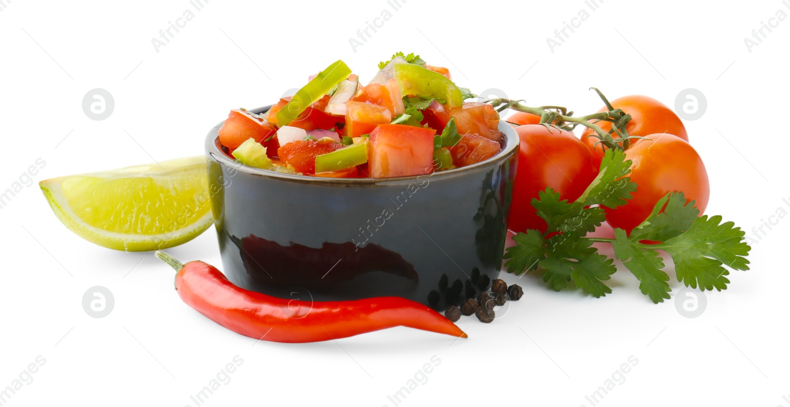 Photo of Tasty salsa sauce and ingredients isolated on white