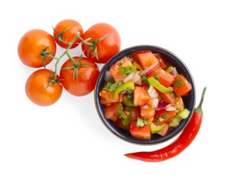 Photo of Tasty salsa sauce and ingredients isolated on white, top view