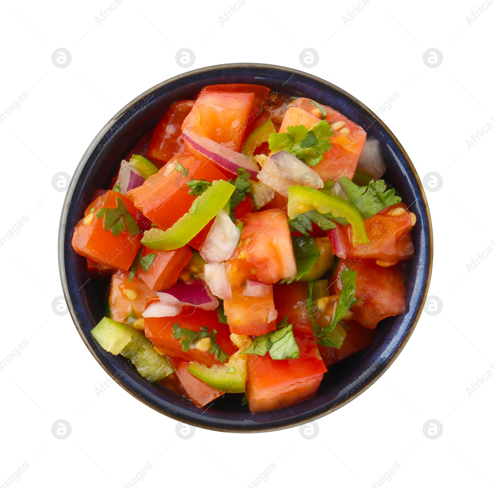 Photo of Tasty salsa sauce in bowl isolated on white, top view