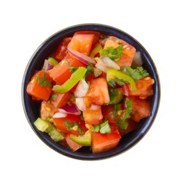 Photo of Tasty salsa sauce in bowl isolated on white, top view