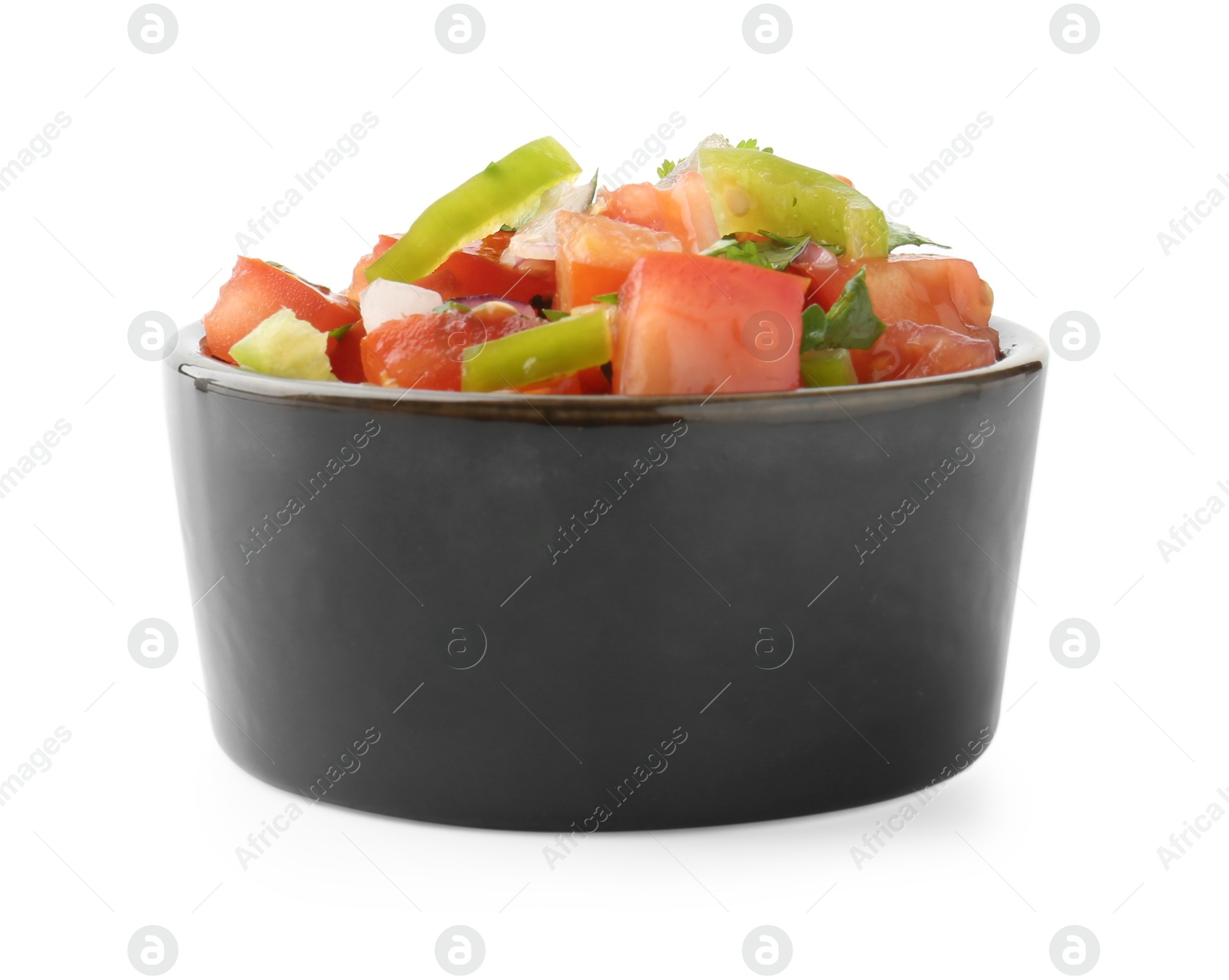 Photo of Tasty salsa sauce in bowl isolated on white