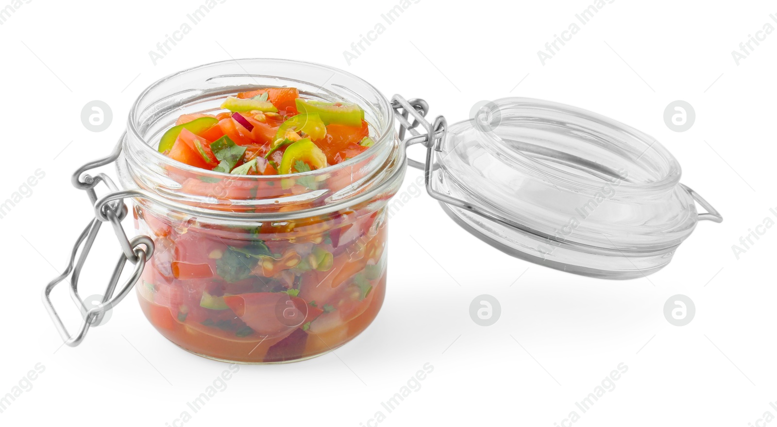 Photo of Tasty salsa sauce in glass jar isolated on white