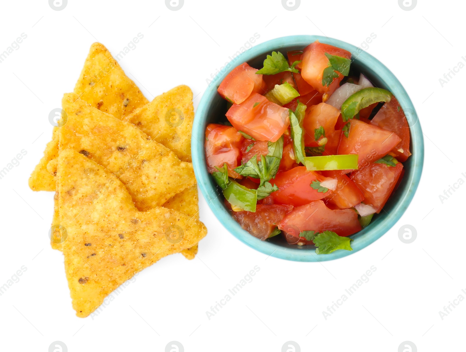 Photo of Tasty salsa sauce in bowl and tortilla chips isolated on white, top view