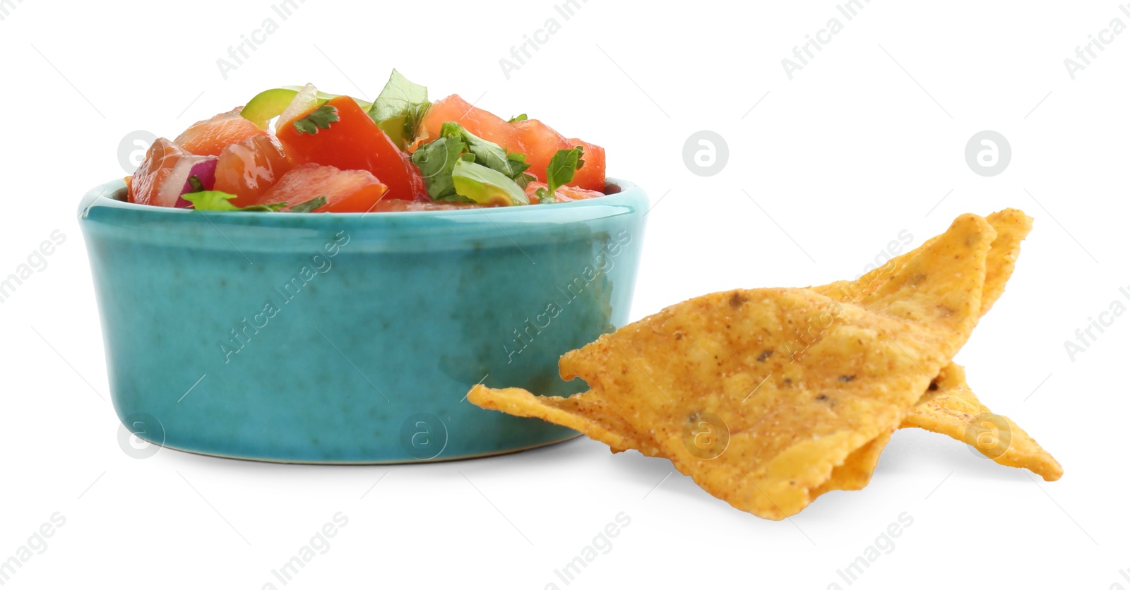 Photo of Tasty salsa sauce in bowl and tortilla chips isolated on white