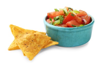 Photo of Tasty salsa sauce in bowl and tortilla chips isolated on white