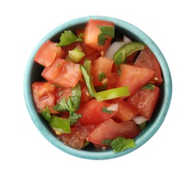 Photo of Tasty salsa sauce in bowl isolated on white, top view