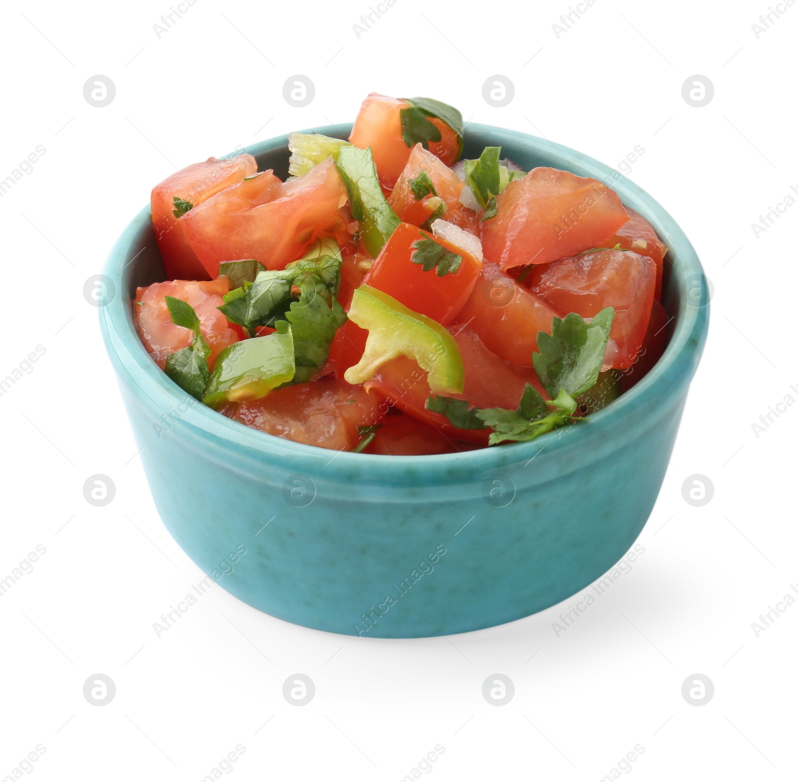 Photo of Tasty salsa sauce in bowl isolated on white