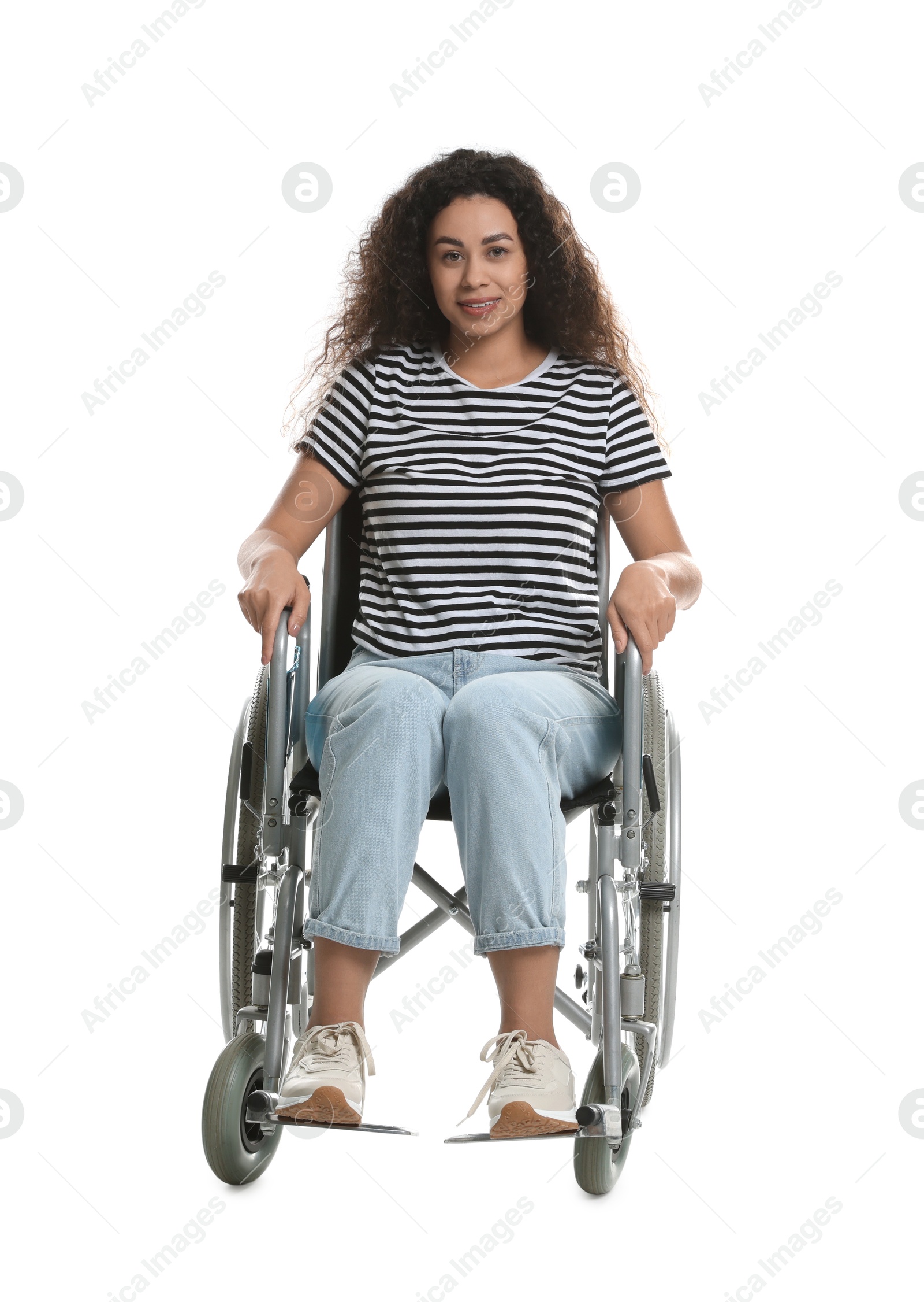 Photo of Smiling woman in wheelchair on white background