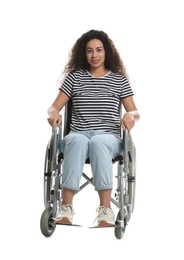 Photo of Smiling woman in wheelchair on white background