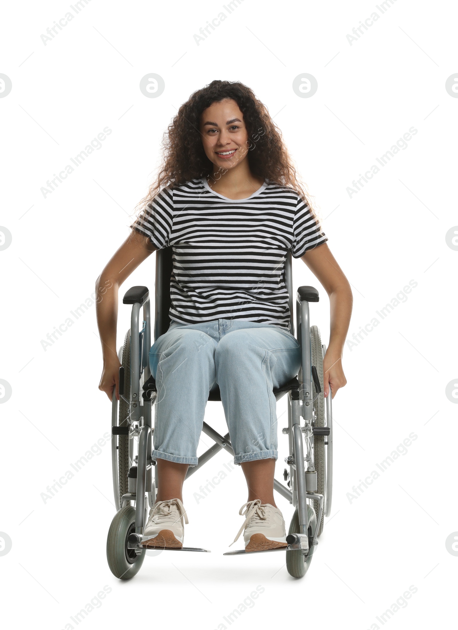 Photo of Smiling woman in wheelchair on white background