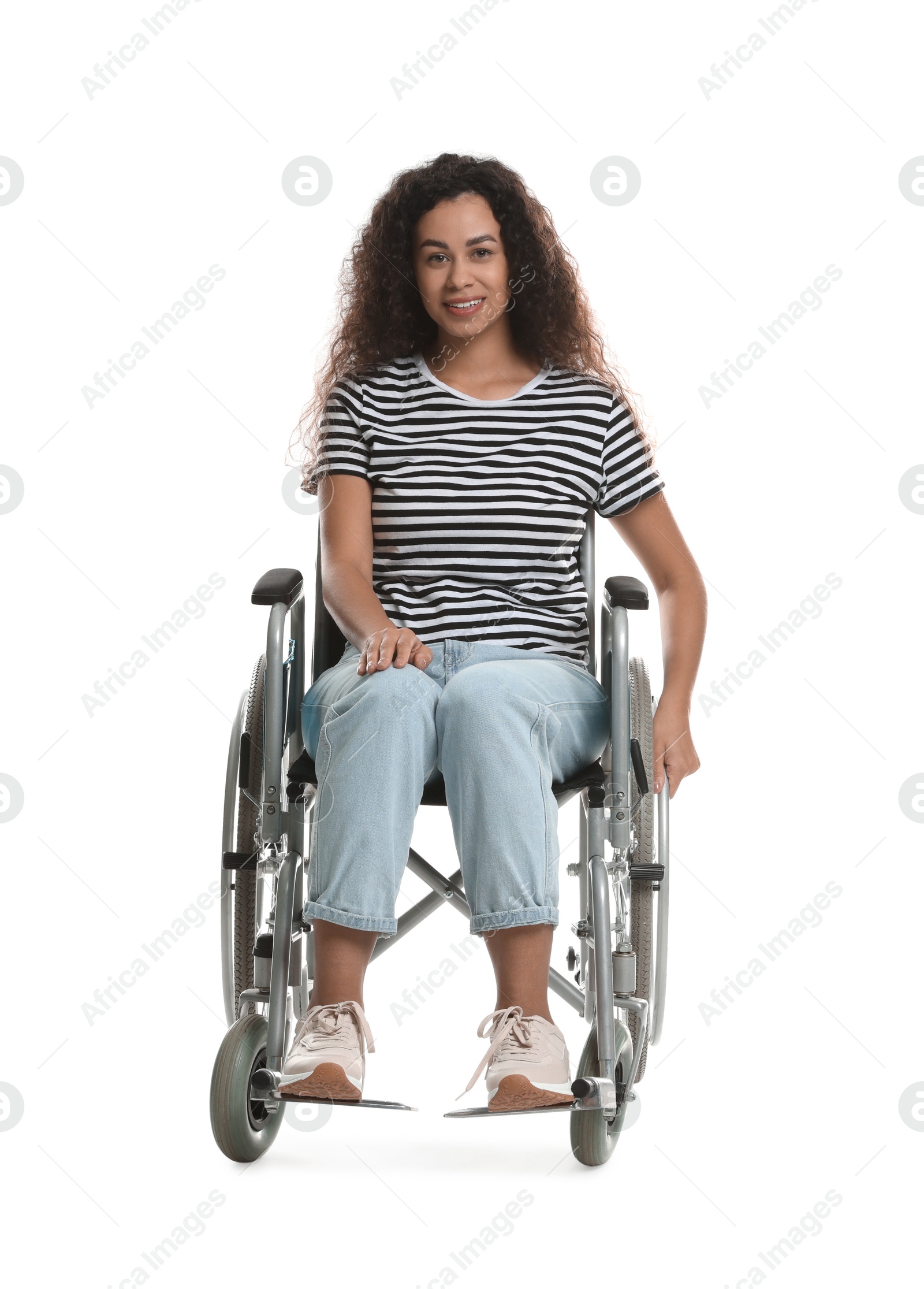 Photo of Smiling woman in wheelchair on white background