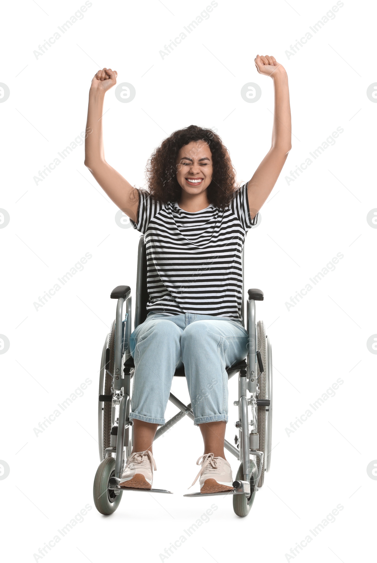 Photo of Happy woman in wheelchair on white background