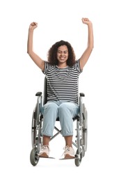 Photo of Happy woman in wheelchair on white background