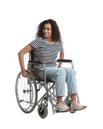 Photo of Smiling woman in wheelchair on white background