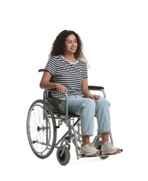 Photo of Smiling woman in wheelchair on white background